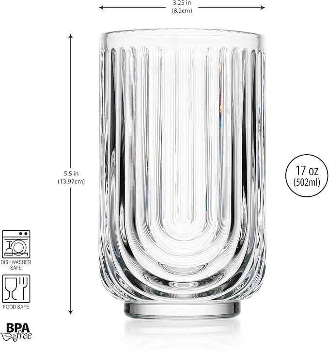 Glaver's Drinking Glasses Set of 8. 17oz Vintage Drinking Cups. Ripple Cocktail Glasses, Ribbed Drinking Highball Glass Cups. Arch Designed Art Deco Glassware for Water Juice Coffee. Package may Vary