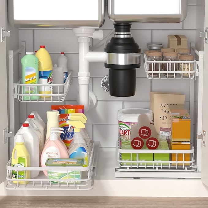 Under Sink Organizer, Adjustable Height Pull-Out Kitchen Storage Organization,15.8" x 11.8" x 16.5",2-Tier Kitchen Shelf,Bathroom Drawer Organizer, White