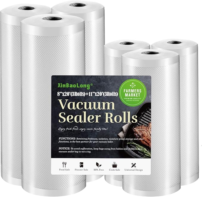 Vacuum Sealer Bags For Food, 6 Pack 3 Rolls11"x20' +3 Rolls 8"x20' Commercial Grade BPA Free Bag Rolls, Durable Customized Size Food Vac Bags for Storage and Sous Vide Cooking，Puncture Prevention