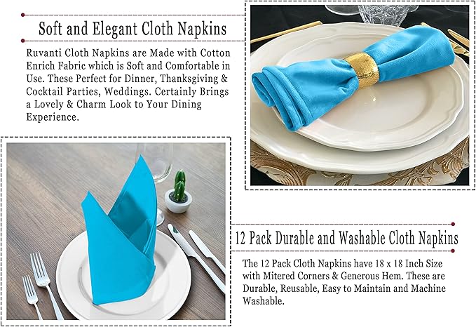 Ruvanti Cloth Napkins set of 12, 18x18 Inches Napkins Cloth Washable, Soft, Durable, Absorbent, Cotton Blend. Table Dinner Napkins Cloth for Hotel, Lunch, Restaurant, Wedding Event, Parties - Sky Blue