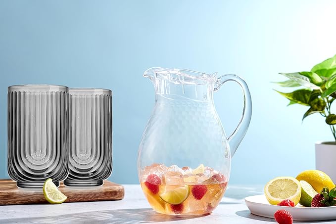 Vintage Glassware Art Deco Highball Glasses Set of 4 Smoke Ribbed Drinking Glasses 17 Oz Black U-Shape Arch Design Colored Cocktail Kitchen Tumblers