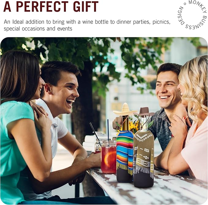 Monkey Business Giftbox for Wine Lovers – 2 Neoprene Wine Bottle Poncho Covers + 2 Silicone Wine Stoppers – Funny Wine Gifts for Hosts and Parties – Insulated Wine Sleeves – Fits 750ml Bottles