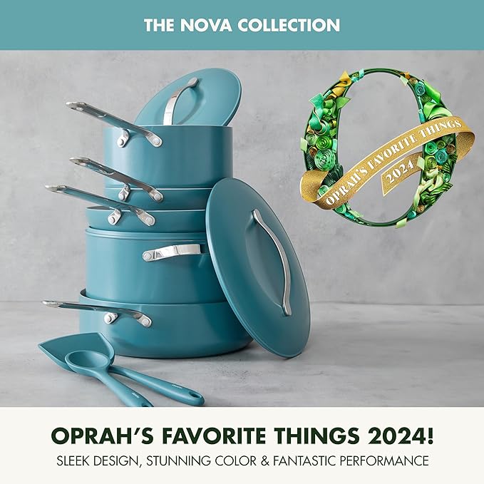 GreenPan Nova 10-Piece Cookware Pots & Pans Set, Oprah’s Favorite Things 2024, PFAS-Free Ceramic Nonstick, Fry, Sauté, Stockpot, Utensils, Lids, Induction Suitable, Dishwasher & Oven Safe, Deep Teal