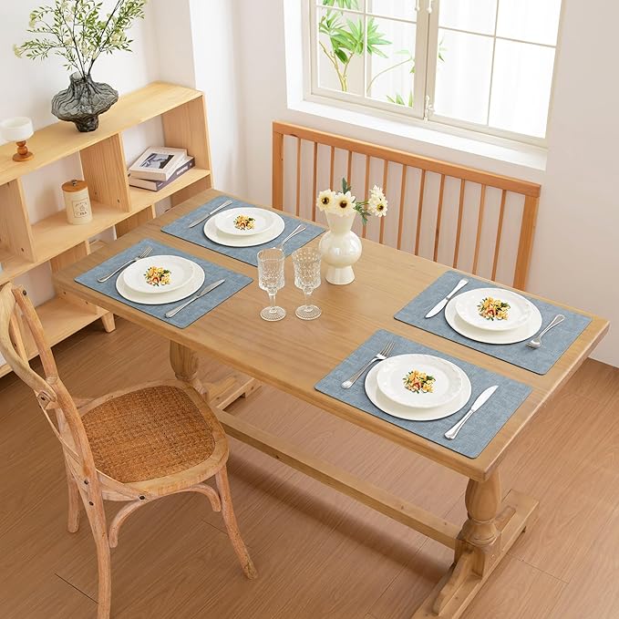 FROMHEART Faux Leather Placemats Set of 4–Waterproof,Heat/Oil Stain-Resistant PU Table Mat–Reversible,Non-Slip,Easy to Clean Place Mats for Kitchen,Dining,Indoor/Outdoor,(Light Blue,11.8" x 17")