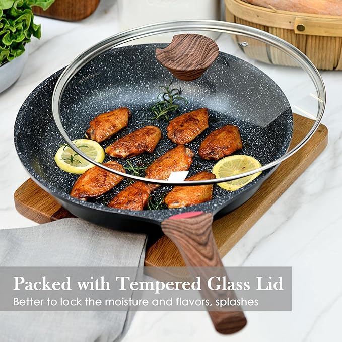 Nonstick Frying Pan Skillet with Lid, 12 in No Stick PFOA-Free Granite Coating Chef's Pan, Large 30 cm Cooking Pans for Family, Gift Cookware Set for Gas Stove, Induction Top