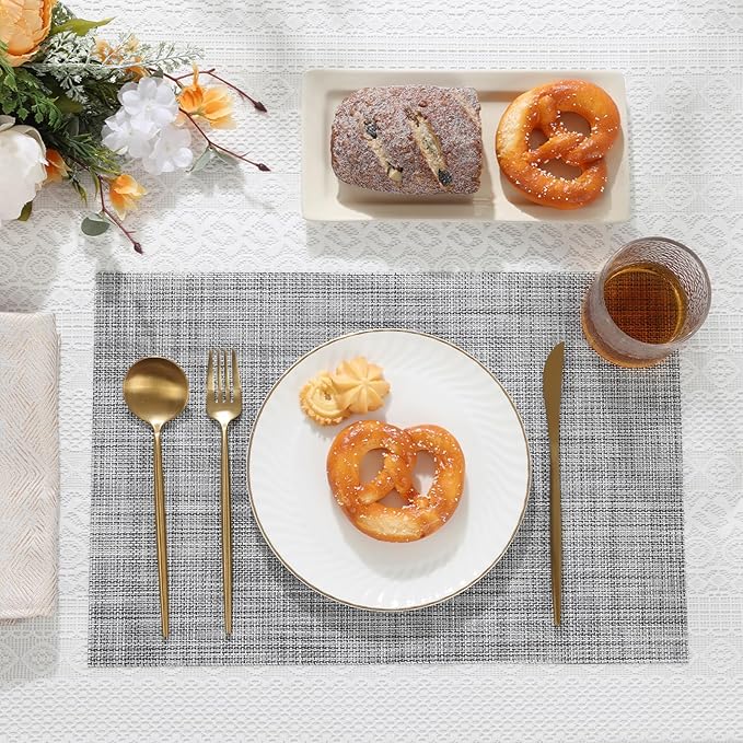 SHACOS Woven Vinyl Placemats Set of 6 Wipe Clean Table Placemats Heat Resistant Wipeable Non Slip Table Mats Indoor Outdoor, Gray White