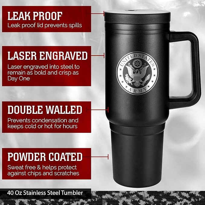 Army 40oz Insulated Tumbler with Handle, Lid & Straw - US ARMY Gifts - Use for Water, Tea, Coffee & More | Army 40oz Tumbler