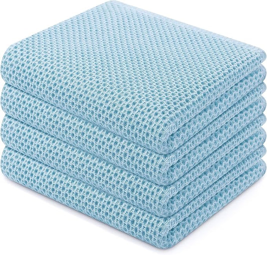 Homaxy 100% Cotton Waffle Weave Kitchen Dish Towels, Ultra Soft Absorbent Quick Drying Cleaning Towel, 13 x 28 Inches, 4-Pack, Sky Blue