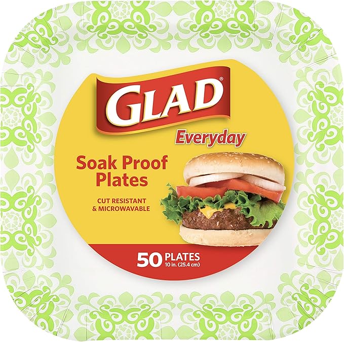 Glad Square Disposable Paper Plates, Green Victorian Pattern - Strong, Sturdy, Soak Proof, and Microwavable Decorative Plates for Dinner and Everyday Use, 10 Inch, 50 Count