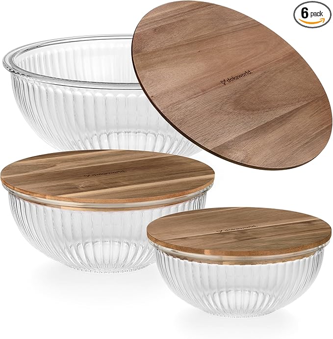 Set of 3 Stackable Space-Saving Nesting Glass Salad Bowls with Acacia Lids for Foodprep, Storage, Baking, Mixing & Cooking - Microwave Safe Durable Inert Borosilicate Glass