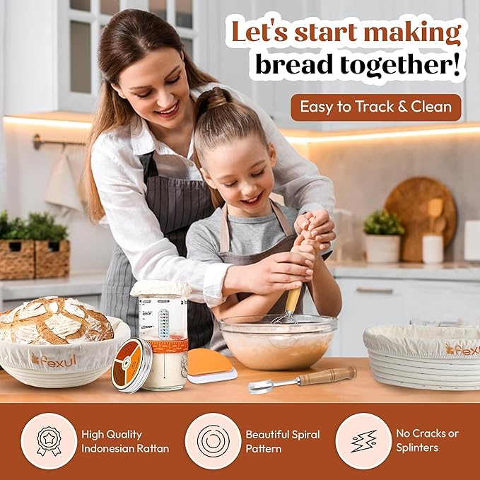 Sourdough Starter Kit with 9” Round & 10” Oval Banneton Bread Proofing Baskets, 24oz Starter Jar, Recipe Book & Tools – Complete Sourdough Bread Baking Supplies with Whisk, Scraper & Accessories