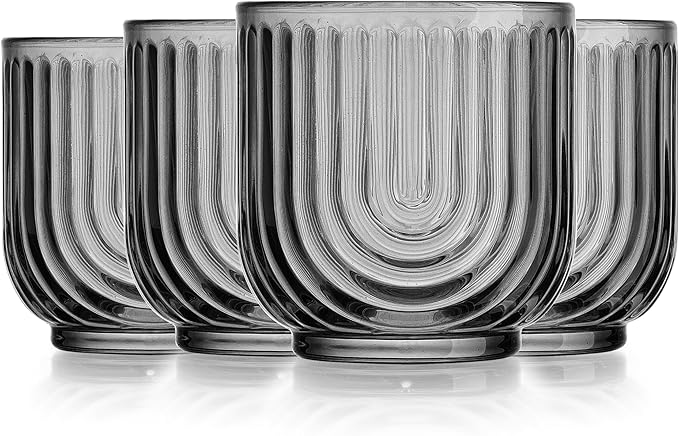 Glaver's Double Old Fashioned Rock Glasses, Set of 4 Smoke Black Whiskey Glasses, 11 oz Art Deco U-Shape Design Embossed Everyday Home Bar Glassware. Art Deco Elegant Kitchen Drinking Glasses.