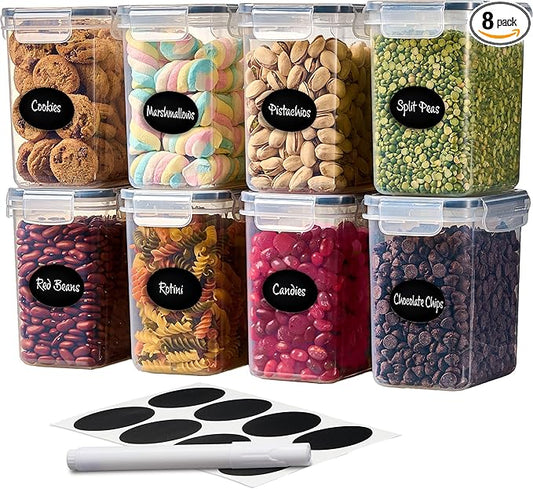 DWËLLZA KITCHEN Airtight Food Storage Container Set - 8 Pieces 1.4L - Plastic BPA Free Kitchen Pantry Storage Containers - Dishwasher Safe - Include 8 Labels - Keeps Food Fresh & Dry