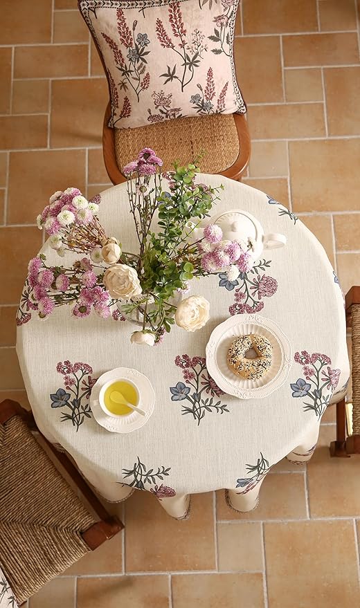 French Tablecloth for Round Tables,Linen Table Cloth with Colorful Flowers Pattern,Heavy Durable Table Cover for Dining Thanksgiving Kitchen Decor Party Christmas,Diameter 67"