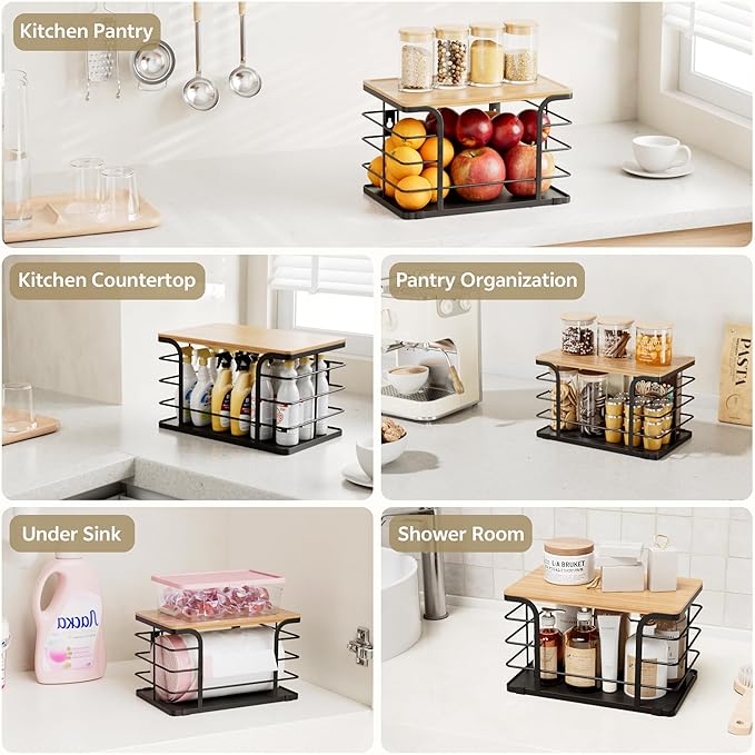 Potato and Onion Storage Bin,Kitchen Organizers Pantry Bin with Bamboo Top for Onion,Potato,Fruits,Vegetable,Produce Storage, Black