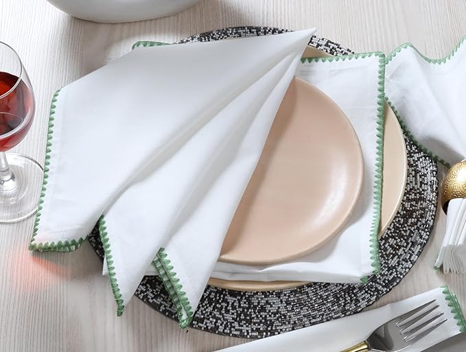 Bedding Craft Cotton Cloth Dinner Napkins Set of 12 – 18x18 Salted Lime with Colored Edge Embroidery – Washable Fabric Napkins for Wedding Table Décor, Parties, Restaurants & Everyday Dining