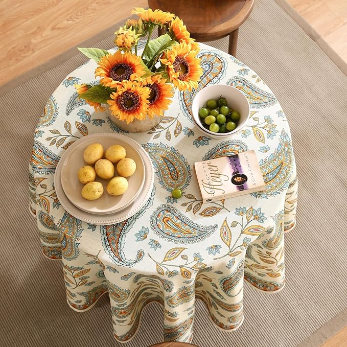 patdrea Designer French Vintage Table Cloth,Italian Floral Tablecloth for Round Tables,Country Summer Linen Tablecloth,Wrinkle Free Table Cover for Kitchen Dining,Christmas,Diameter 55"