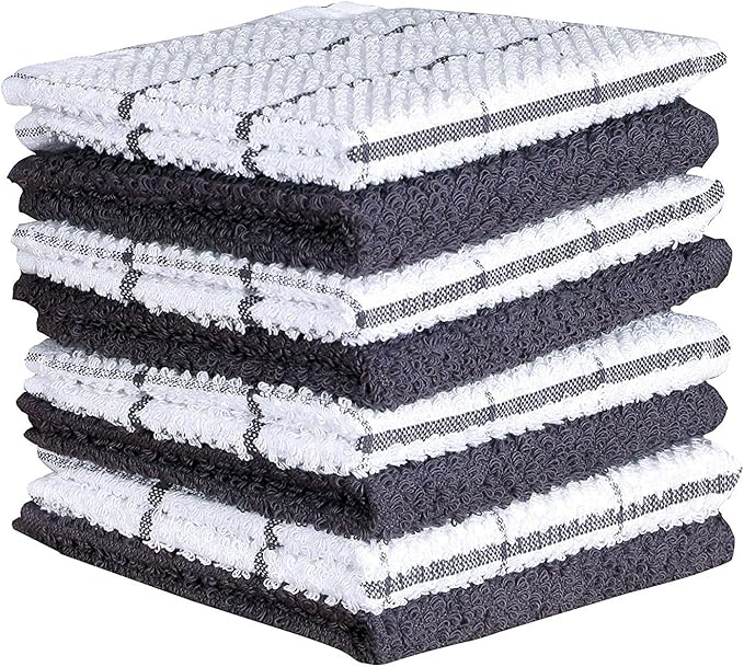 AMOUR INFINI Cotton Kitchen Dish Cloths Set of 8 – Highly Absorbent, Super Soft Premium Terry Cleaning Cloth (12"x12" Inch) Premium Dishcloths for Washing Dishes (Dark Grey)