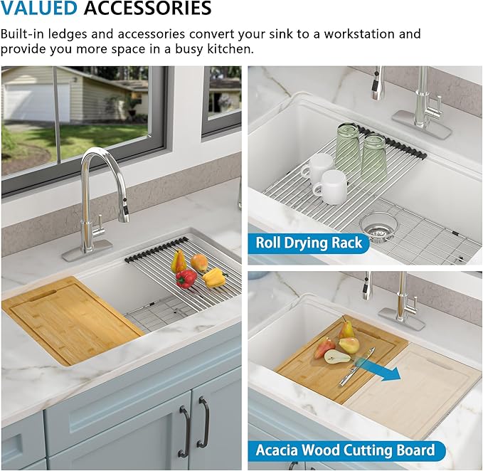 33x19 Granite Composite Kitchen Sink - Undermount Ledge Workstation White Quartz Classic Under Counter Single Bowl Basin