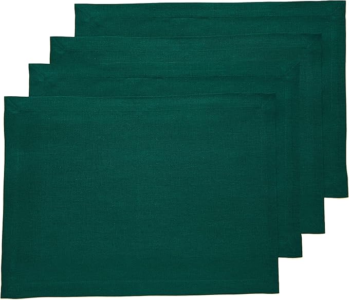 Solino Home Linen Placemats Set of 4 - Rainforest Green Placemats 14 x 19 Inch - 100% Pure Linen Table Place Mats - Fete - Christmas, Winter