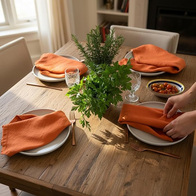 Hemstitched Linen Napkins – 20 Inch x 20 Inch – Stonewashed Pure Linen Cloth Dinner Napkins with Mitered Corners - 100% French Flax – Machine Washable - Set of 4 (Sunset Orange)