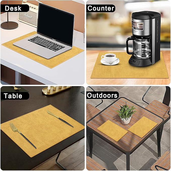 homing Faux Leather Heat Resistant Placemats 6 Packs, Waterproof Wipeable Dining PU Place Mats for Indoor & Outdoor, Easy to Clean, Yellow