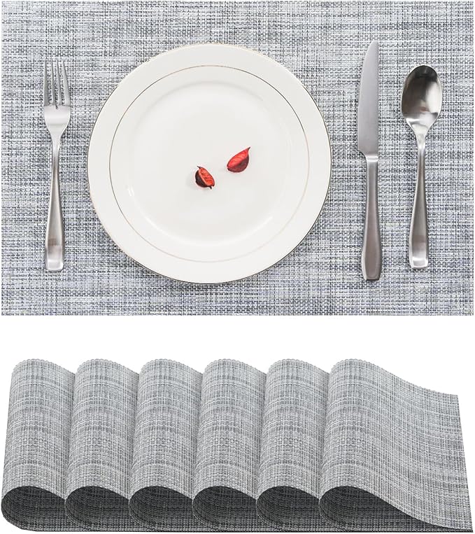 BACKTOEDEN Placemats Set of 6 Heat Resistant Washable Wipeable Placemat Woven Non-Slip Foldable Vinyl/Plastic Place Mats Indoor/Outdoor Mat Kitchen Dining Table Pad, Gray