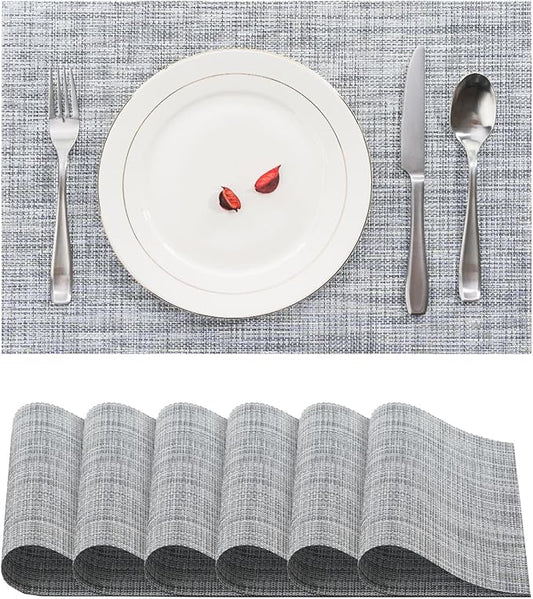BACKTOEDEN Placemats Set of 6 Heat Resistant Washable Wipeable Placemat Woven Non-Slip Foldable Vinyl/Plastic Place Mats Indoor/Outdoor Mat Kitchen Dining Table Pad, Gray