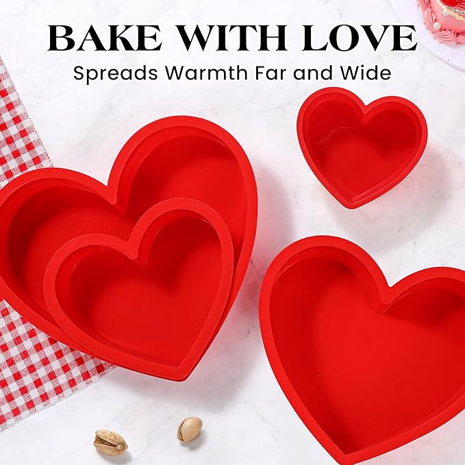 3 Pcs Silicone Heart Shaped Cake Pans 10 Inch 8 Inch 6 Inch Mini Small Large Heart Cake Pan Set Nonstick Silicone Heart Molds for Baking (Red)