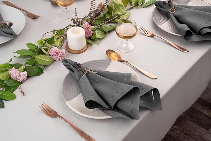 D'Moksha Homes Charcoal Grey Linen Napkins Set of 4 - Classic Hemstitch 100% Pure Linen Hemstitch Dinner Napkins 20 x 20 Inch for Thanksgiving, Holiday - Handcrafted and Machine Washable
