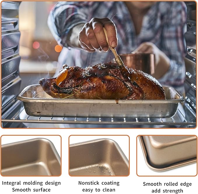 SuperMa 3 Pack Deep Baking Pans Set Nonstick Rectangular Cookie Sheets 9 11 13 Inch Baking Sheets for Baking Bread, Toaster Bakeware Gold