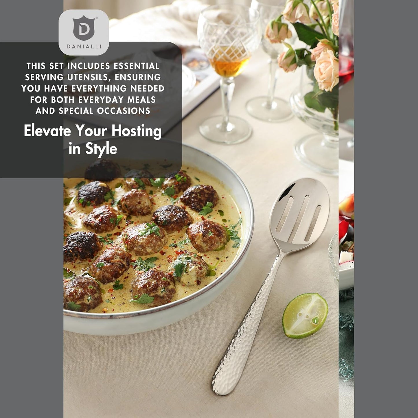 Hammered Silverware Set with Serving Utensils, 18/10 Stainless Steel Flatware for 8, Dishwasher Safe, Mirror Finish, Heavy-Duty, Built to Last (45-Piece Including a Serving Set, Fidenza Hammered)