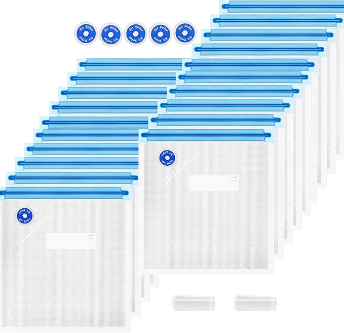 Sous Vide Bags Reusable 27Pcs, BPA Free Vacuum Sealer Bag, Vacuum Food Storage Bag for Sous Vide Cooking/Microwave Heating - 20Pcs Vacuum Zipper Bags & 2 Seal Clips & 5 Air Valves (11 * 10in) 2.9L