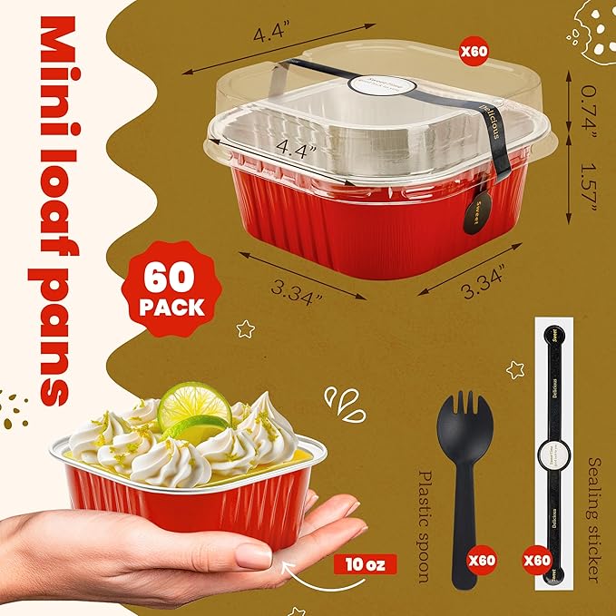 60 Pack Mini Cake Pans with Lids Mini Aluminum Pans, Disposable Loaf Pans Cupcake Liners with Lids for Pudding, Souffle, Party, Wedding(Red, 10 oz)