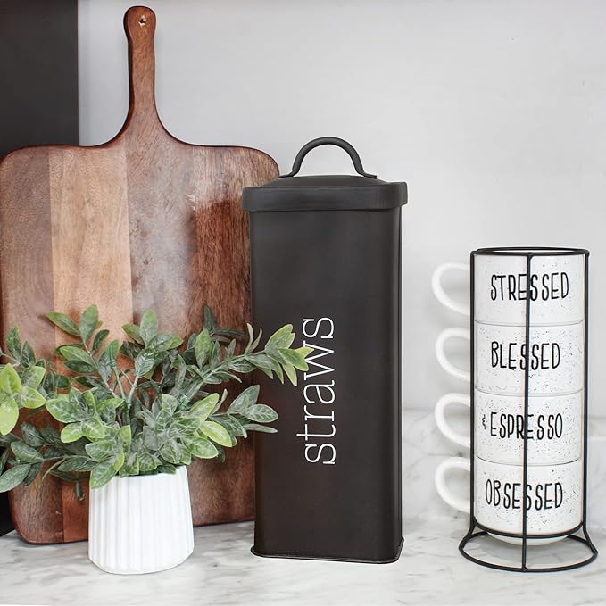 AuldHome Design Farmhouse Enamelware Straw Holder (Black); Retro Metal Straw Storage Canister