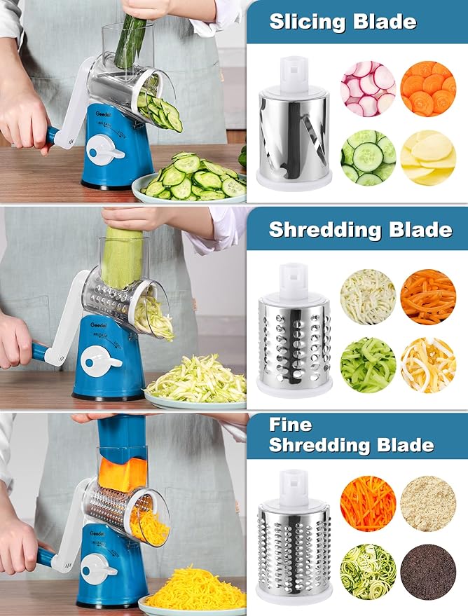 Geedel Rotary Cheese Grater Cheese Shredder - Upgraded 5-in-1 Cheese Grater with Handle and Strong Suction Base, Multi-purpose Vegetable Slicer Ice Shaver Nuts Grinder for Ice, Vegetables, Fruit, Nuts
