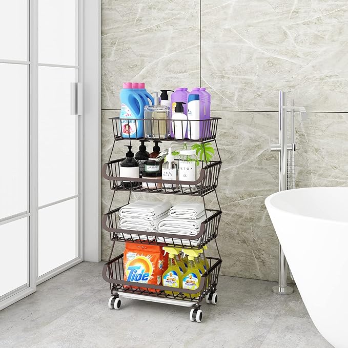 Fruit Vegetable Storage Basket for Kitchen - 4 Tier Stackable Metal Wire Baskets Cart with Rolling Wheels Utility Fruits Rack Produce Snack Organizer Bins for Pantry Bathroom Laundry Bronze