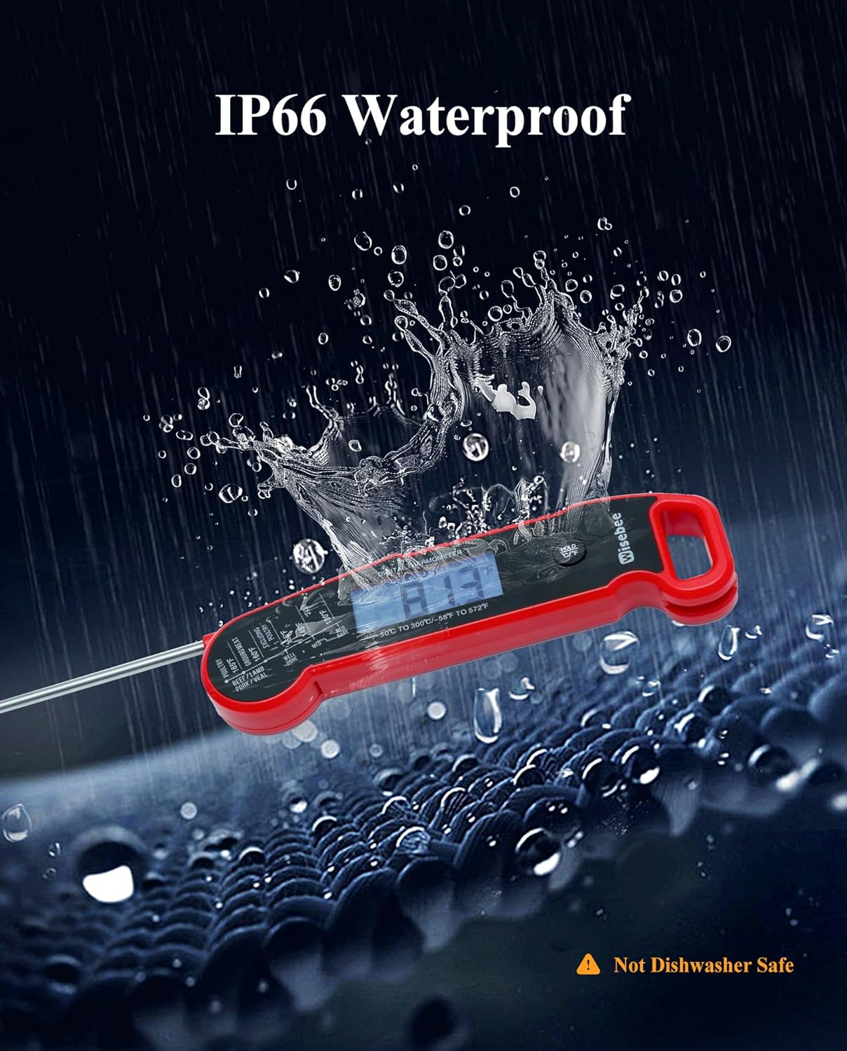 Wisebee Meat Thermometer Digital, 0.5 Sec Instant Read Waterproof Food Thermometer with 180°Auto-Rotate Backlit Display | Anti-Slip Handle | Magnetic Back | Hold Function for Cooking, Red