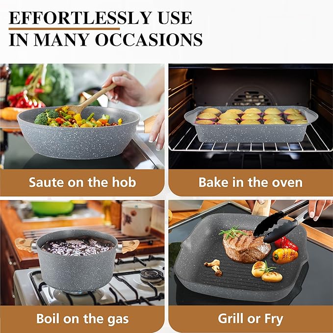 DishDelight 17 Piece Pots and Pans Set Non Stick, Granite Nonstick Cookware Set, Induction Cookware and Bakeware Set, Nonstick Kitchen Cookware Set, Gray