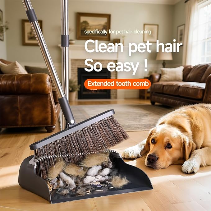 CTIME Broom with Dustpan, Broom with Dustpan Combo Set, 51.6" Adjustable Long Handle with 2 Replaceable Broom Heads, Standing Broom and Dustpan Set for Indoor Sweeping, Home, Office, Kitchen,Floor