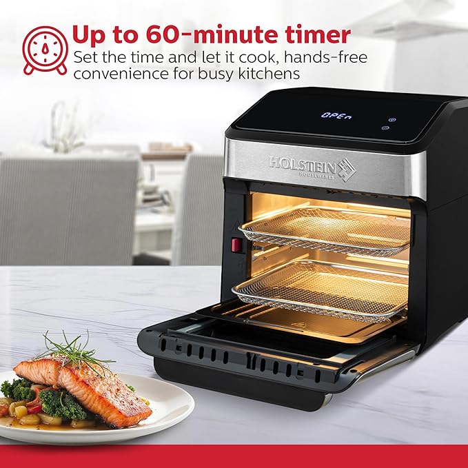 Holstein Housewares 12.7 QT Digital Air Fryer 8-in-1 with Hot Air Technology, Family Size, Viewing Window & Led Display. Air Fry, Bake, Grill, Dehydrate & Roast, Less Oil Use for Healthier Meals
