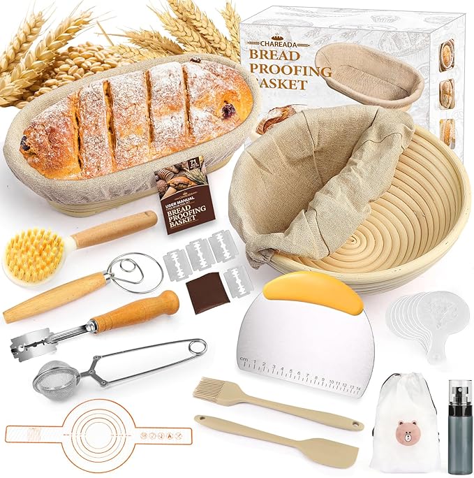 Banneton Bread Proofing Basket, Sourdough Bread Baking Supplies Kit, 10" Oval & 9" Round Banneton Baskets, Sourdough Basket Starter Set with Brush, Oil Can, Dough Whisk, Sling