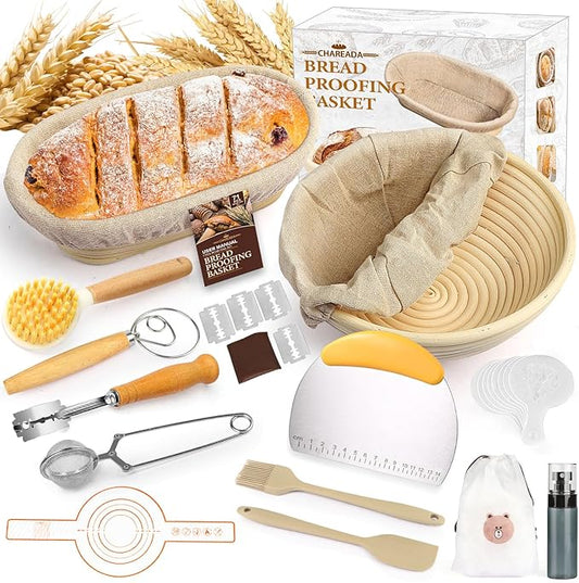 Banneton Bread Proofing Basket, Sourdough Bread Baking Supplies Kit, 10" Oval & 9" Round Banneton Baskets, Sourdough Basket Starter Set with Brush, Oil Can, Dough Whisk, Sling