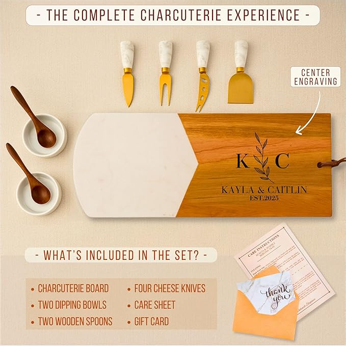 Personalized Charcuterie Board Gift Set – Acacia & Marble Cheese Board with Utensils, Custom Wedding & Housewarming Gifts for Couples, Christmas, Bridal Shower or Engagement Gift for Women & Men