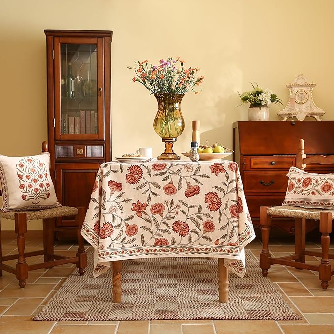 Floral Rectangle Tablecloth,Linen Table Cloth with Orange Flowers and Green Leaves Pattern,Heavy Durable Table Cover for Dining Thanksgiving Kitchen Party Banquet Christmas,55"*71"