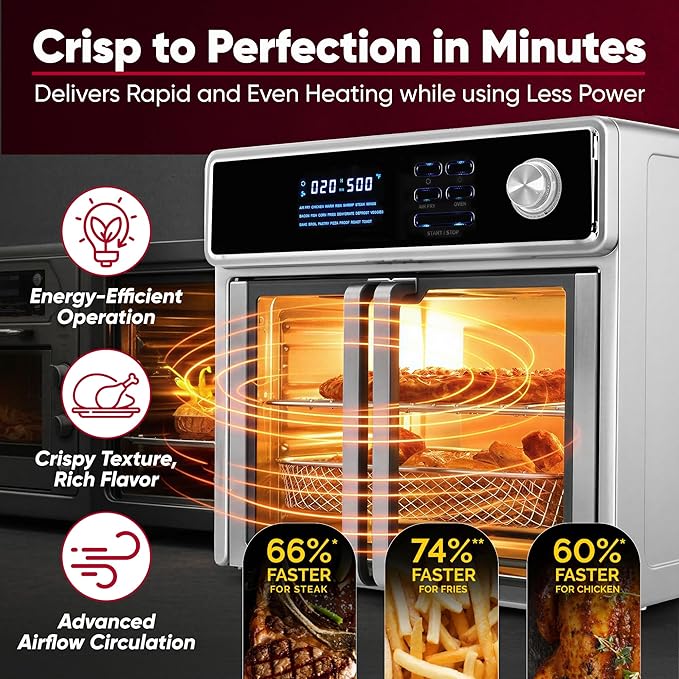 26-Quart Large Air Fryer Oven |10-in-1 Countertop Stainless Steel Toaster Oven Combo | Non Toxic Family Size Air Fryer - Frying, Baking, Toasting, Dehydrating, Rotisserie | 1700W 360° Heating