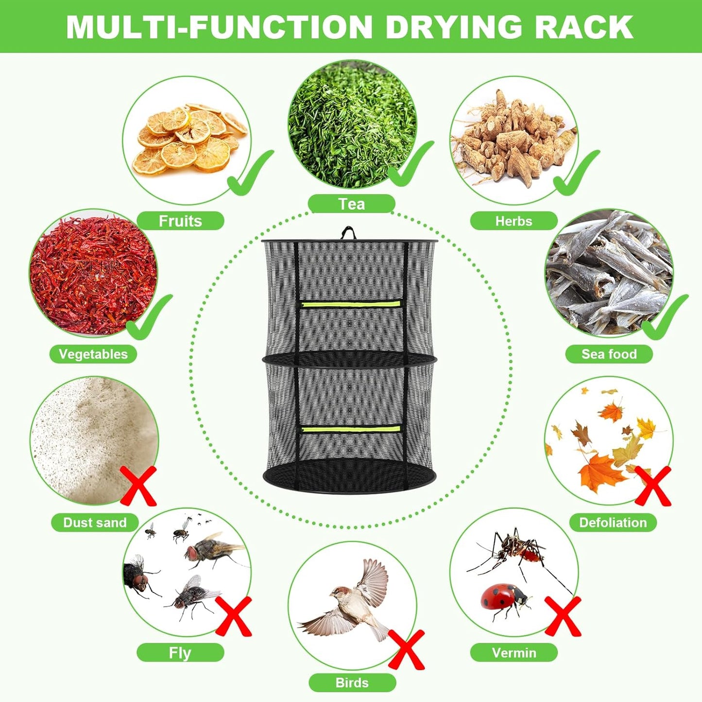 Herb Drying Rack - Mesh Drying Rack - Herb Drying Rack Hanging with Green Zipper & Garden Pruning Shears for Drying Herb - Hanging Drying Rack - Plant Drying Rack (2 Layers)