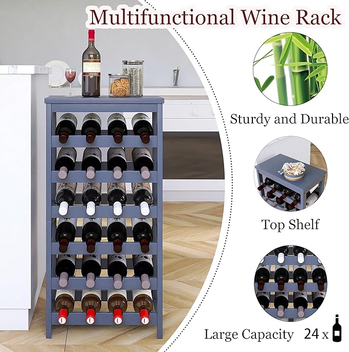 Wine Rack, 6 Tier 24 Bottles Bamboo Wine Organizer Holder, Floor Freestanding Wobble-Free Wine Display Storage Shelf for Kitchen with Tabletop, Grey