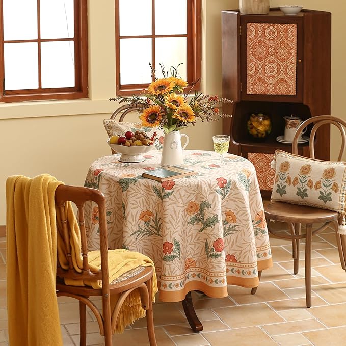 patdrea Designer Floral Linen Table Cloth Durable Breathable Tabletop Cover Dacorative Kitchen Dining Tablecloth for Round Tables for Kitchen Dining Parties,Holiday Christmas,Diameter 67"