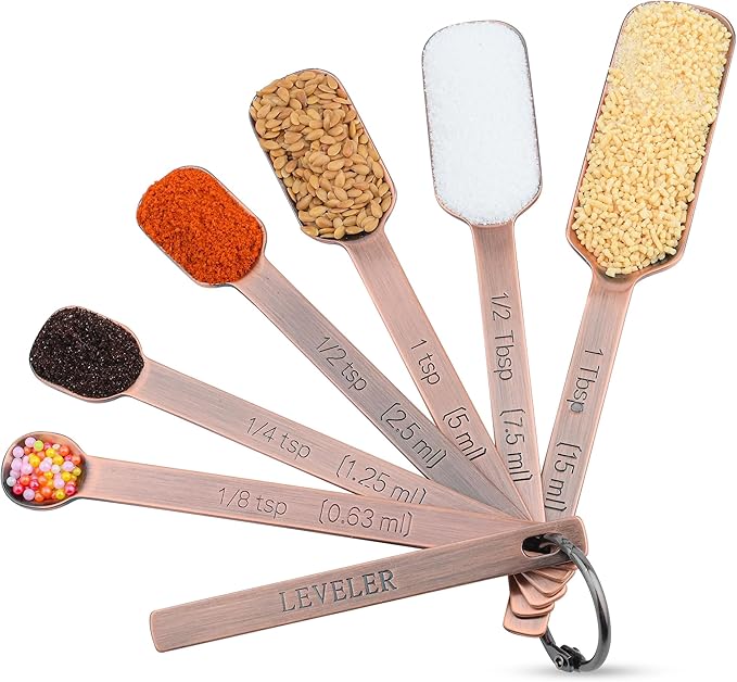 Copper Measuring Spoons Set, 6 Metal Measuring Spoons With Leveler, Long Handle Stainless Steel Measuring Spoons for Dry & Wet Ingredients During Kitchen & Baking
